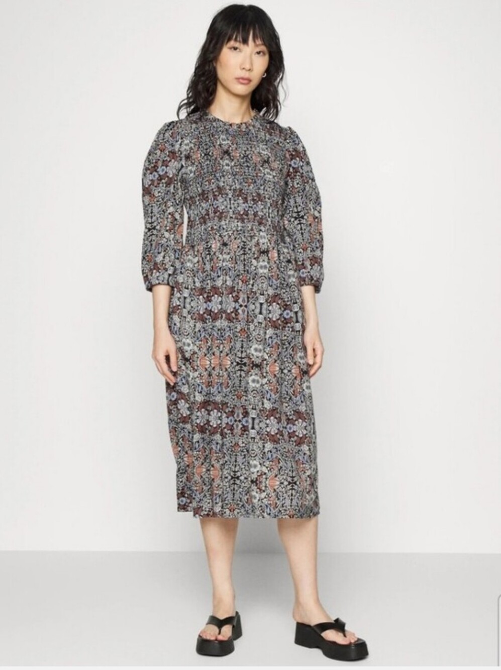 Kaffe Curve Katiana Maxi Dress Floral Print Smocked  Long Sleeves Nostalgia
